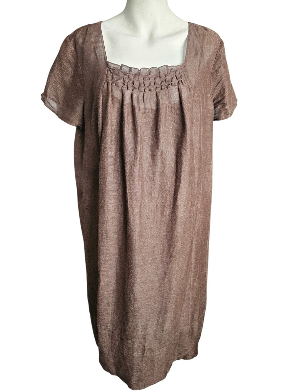 J. Jill Silk Linen Blend Square Neck Brown Lined Dress S/S Medium Lagenlook Boxy